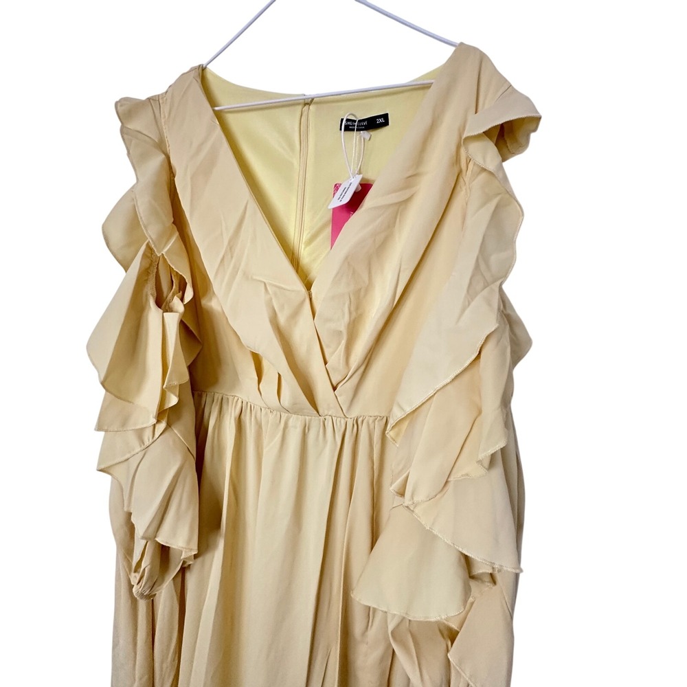 SHEIN Curve Yellow Ruffle Maxi Dress Womens 2XL Long Sleeve V-Neck Formal New - Picture 2 of 10